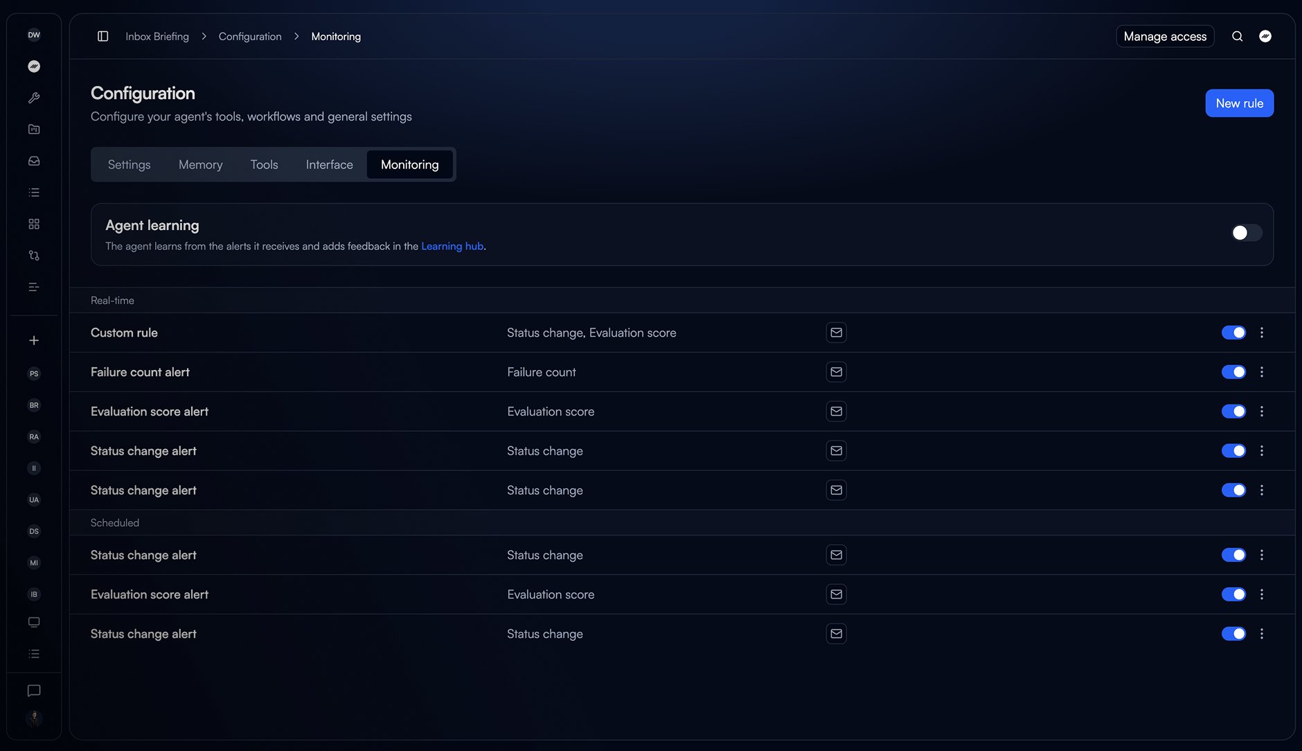 The Monitoring tab of an agent, with the Smart monitor band at the top and rules grouped under Real-time and Scheduled