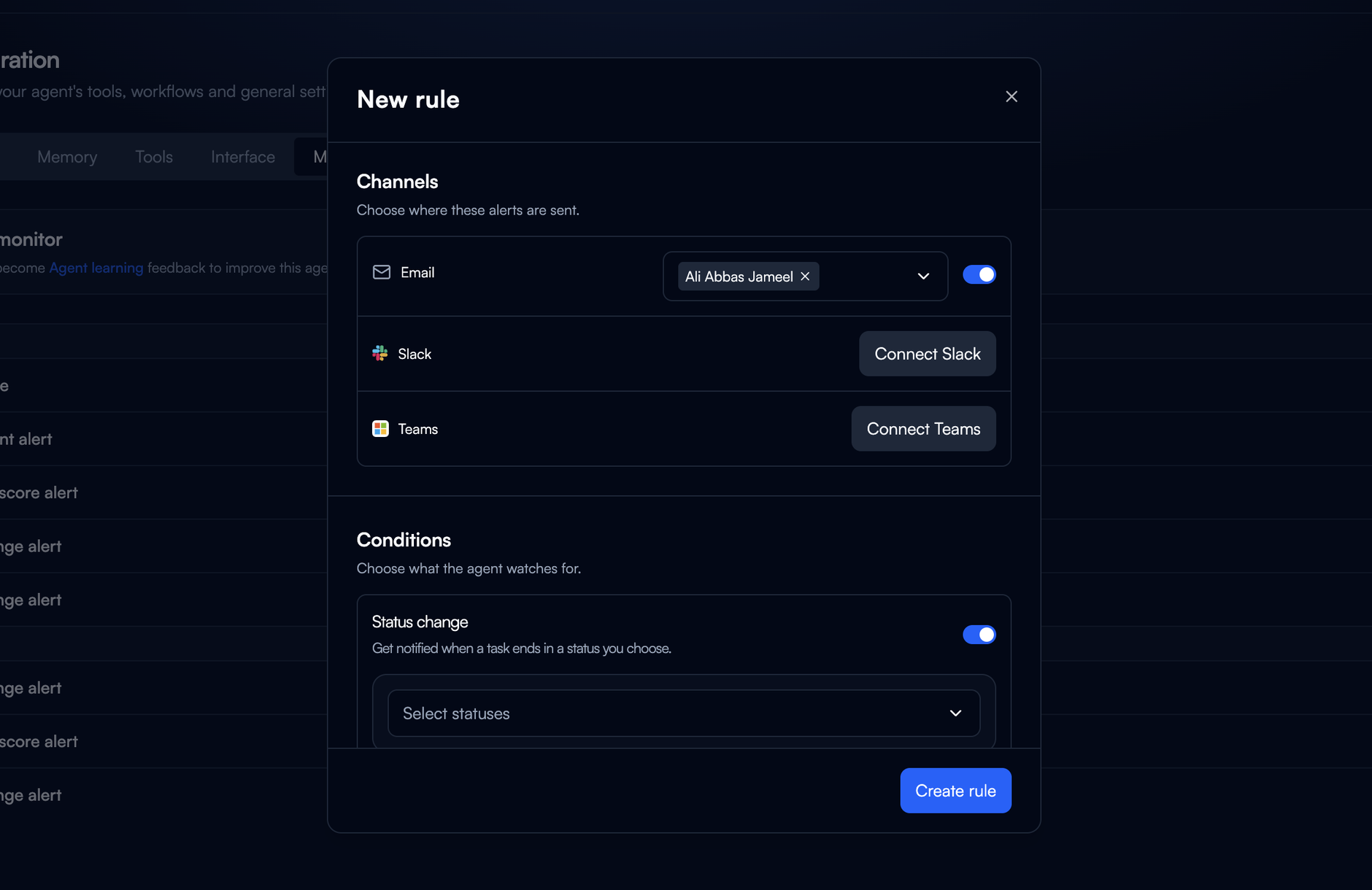 The Channels section of the New rule editor, with Email on and a recipient chosen, and the Connect Slack and Connect Teams buttons