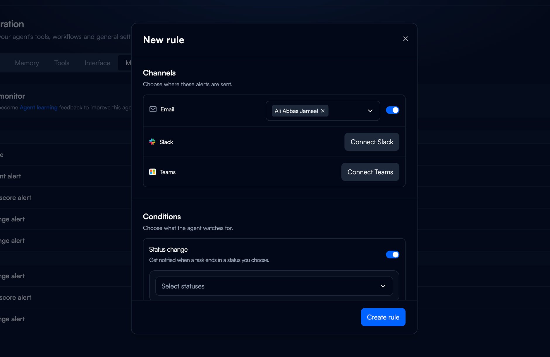 The Channels section of the New rule editor, with Email on and a recipient chosen, and the Connect Slack and Connect Teams buttons