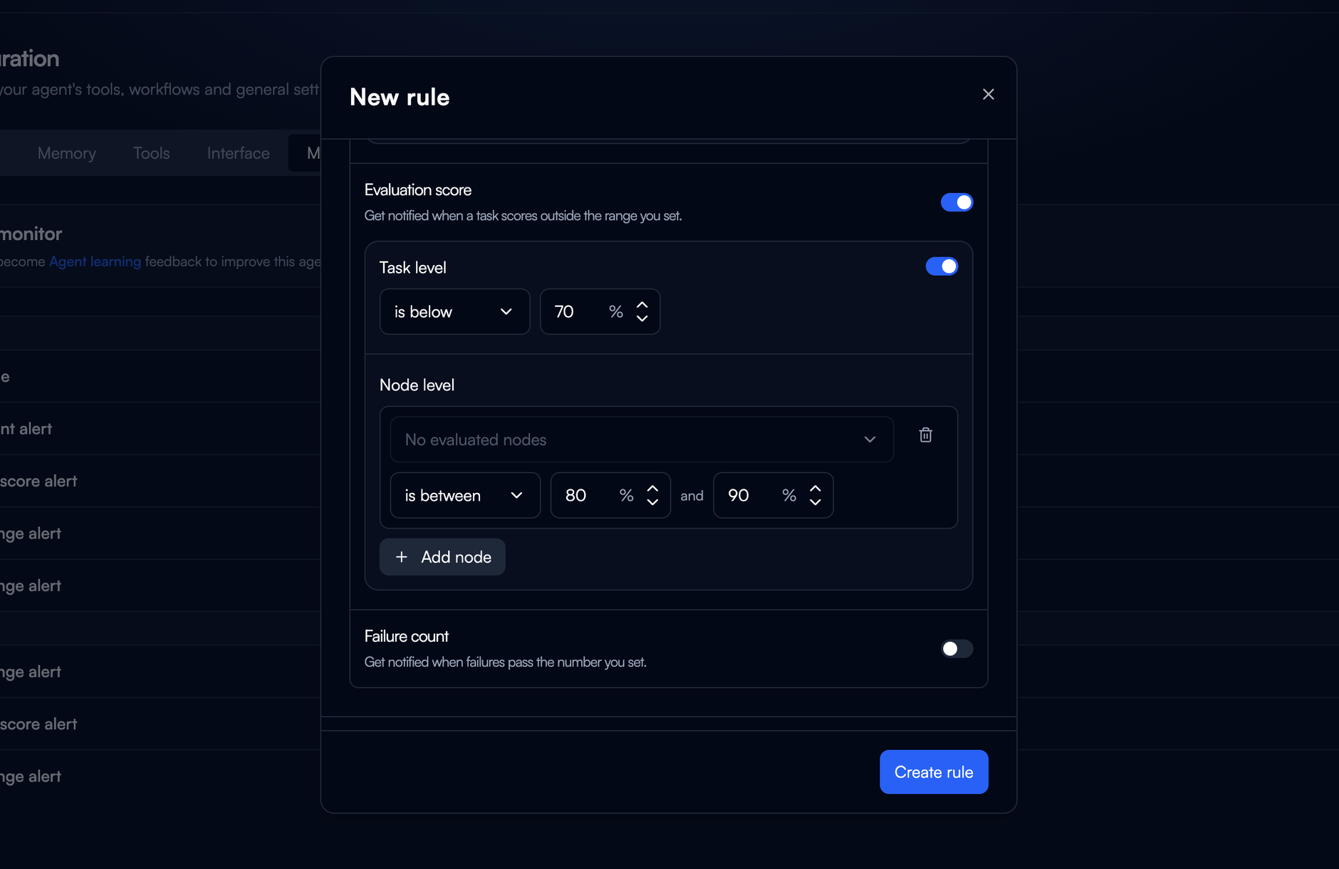 The Evaluation score condition expanded, with Task level set to is below 70 and a step card added under Node level