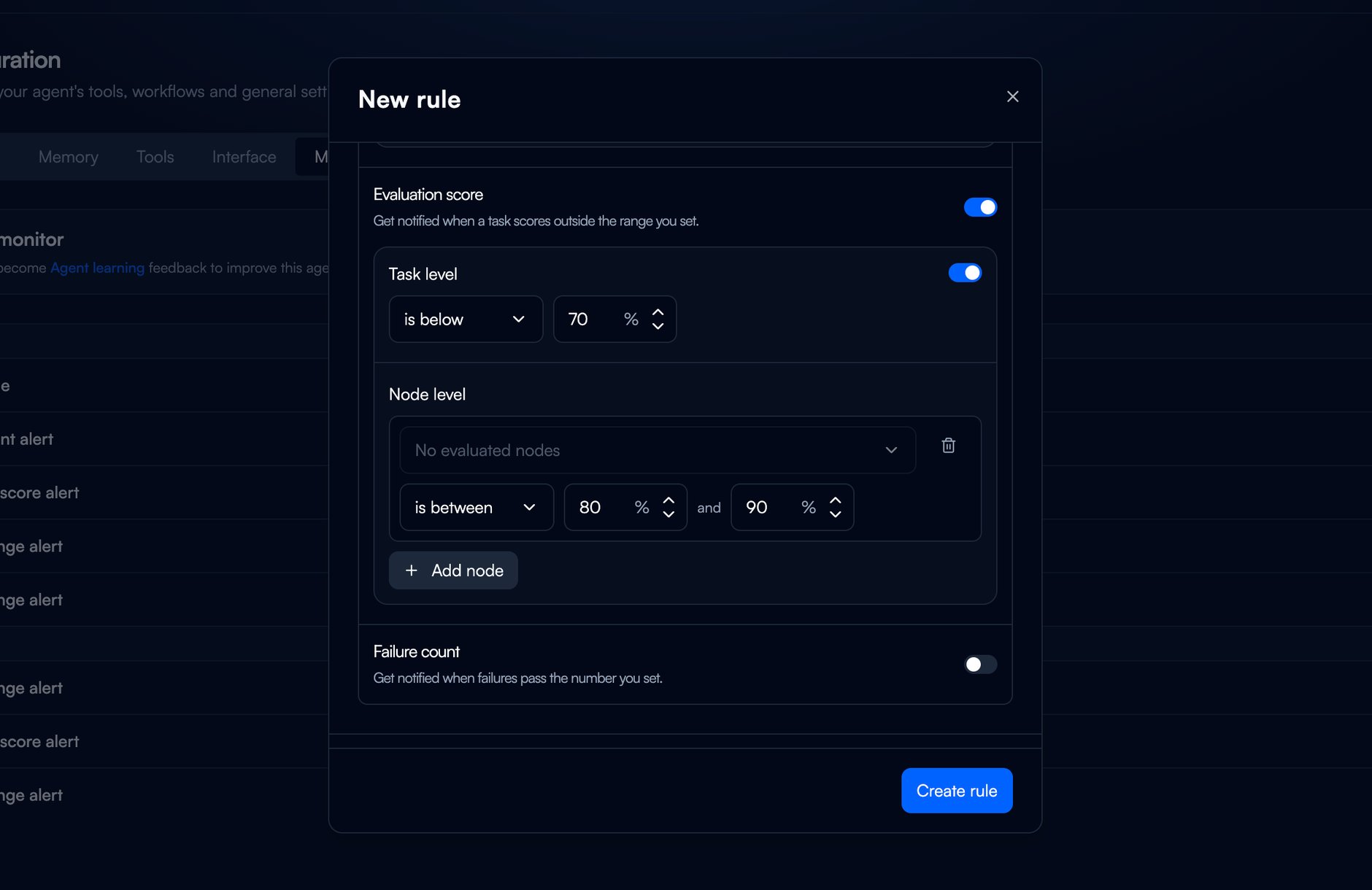 The Evaluation score condition expanded, with Task level set to is below 70 and a step card added under Node level