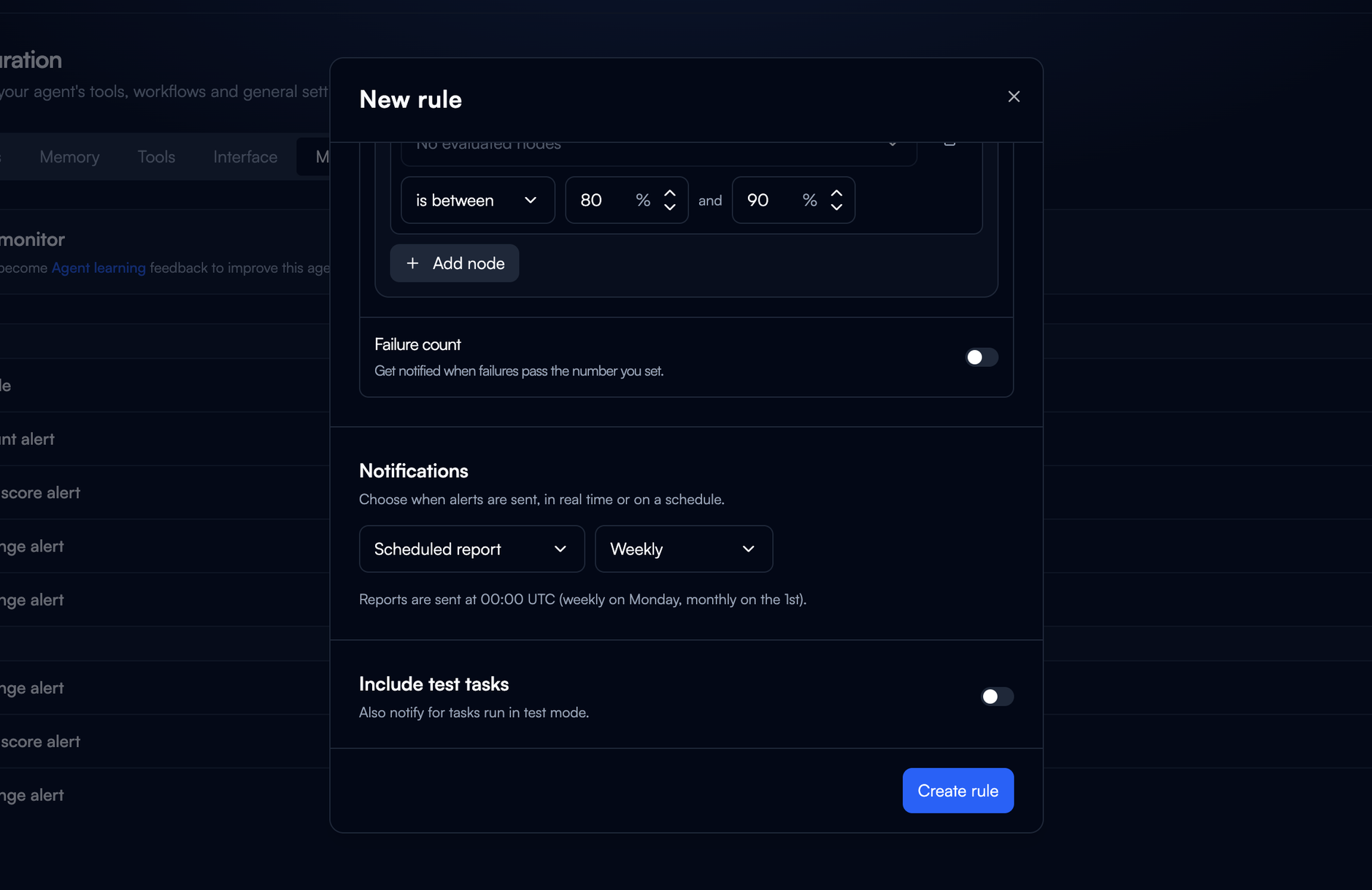 The Notifications section set to Scheduled report and Weekly, with the note about reports being sent at 00:00 UTC