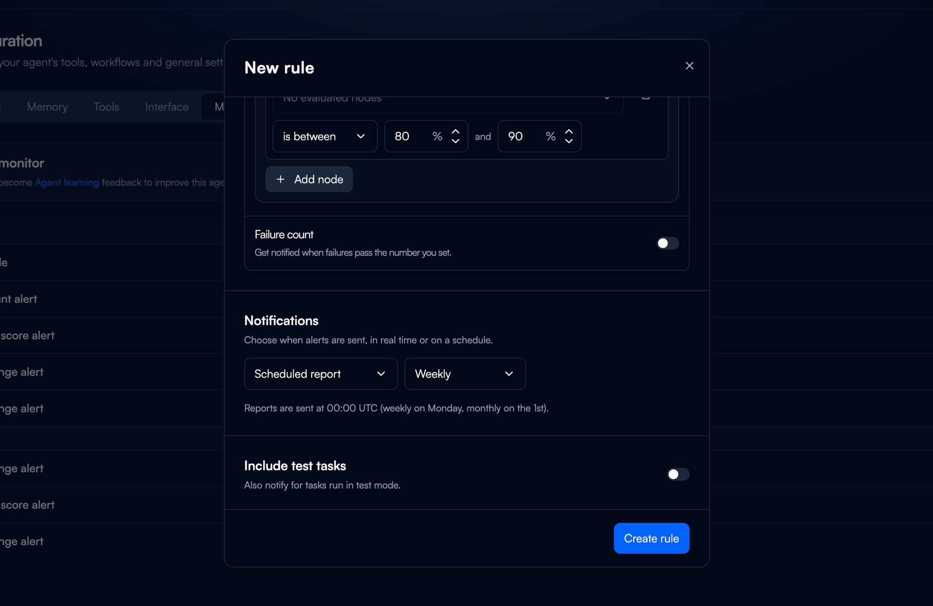 The Notifications section set to Scheduled report and Weekly, with the note about reports being sent at 00:00 UTC