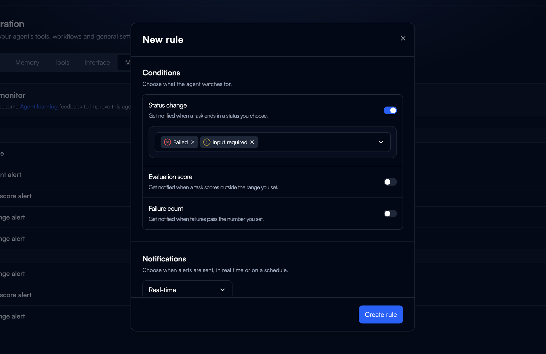 The Conditions section with Status change expanded and Failed and Input required selected