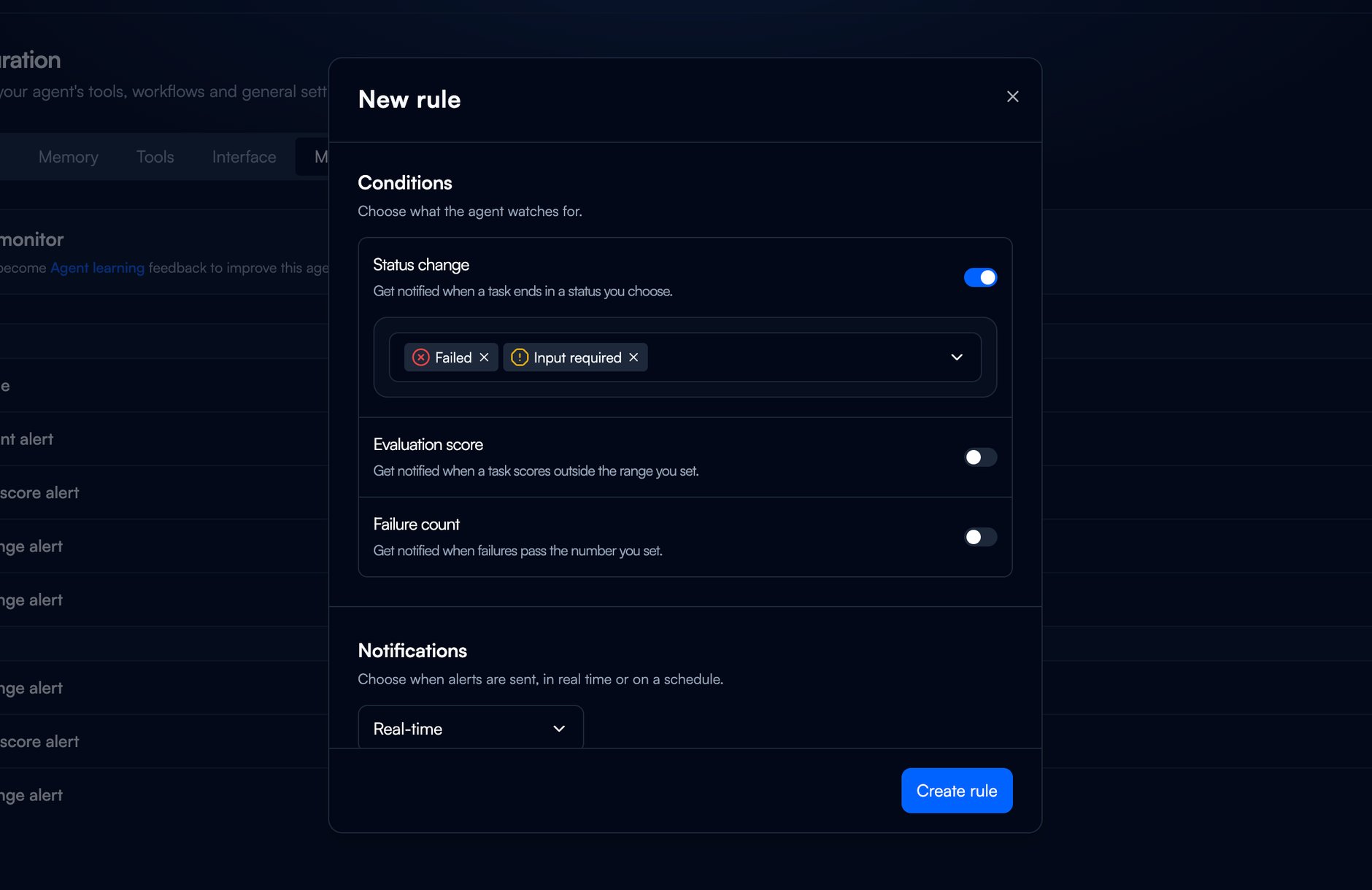 The Conditions section with Status change expanded and Failed and Input required selected