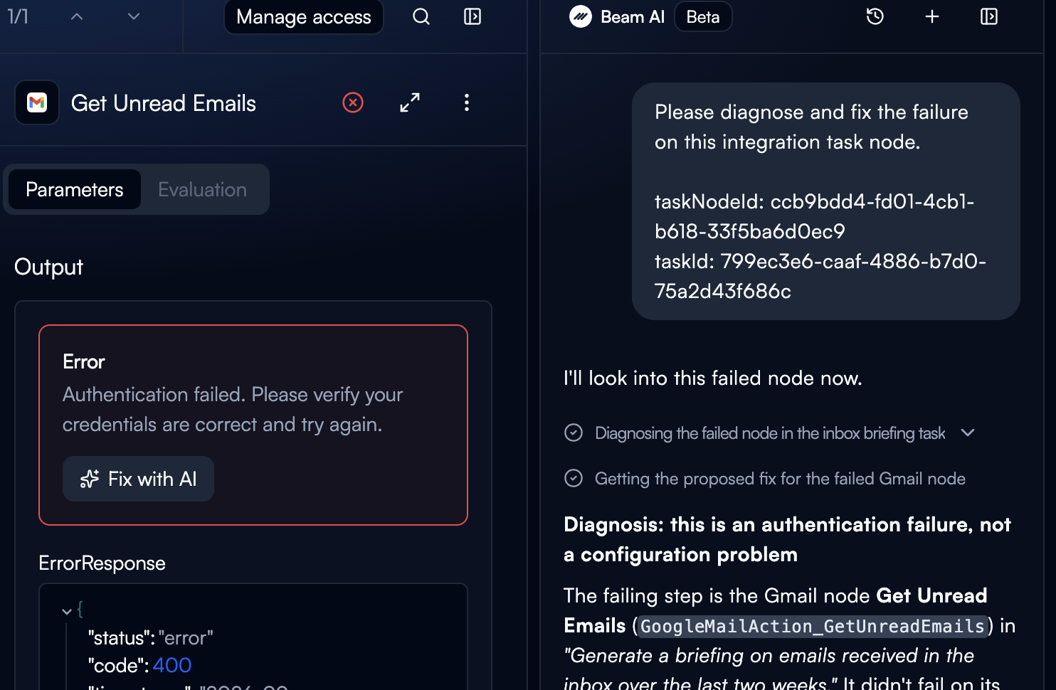 The failed Gmail step's Error card with the Fix with AI button, beside the copilot panel diagnosing the failure as an expired connection rather than a setting