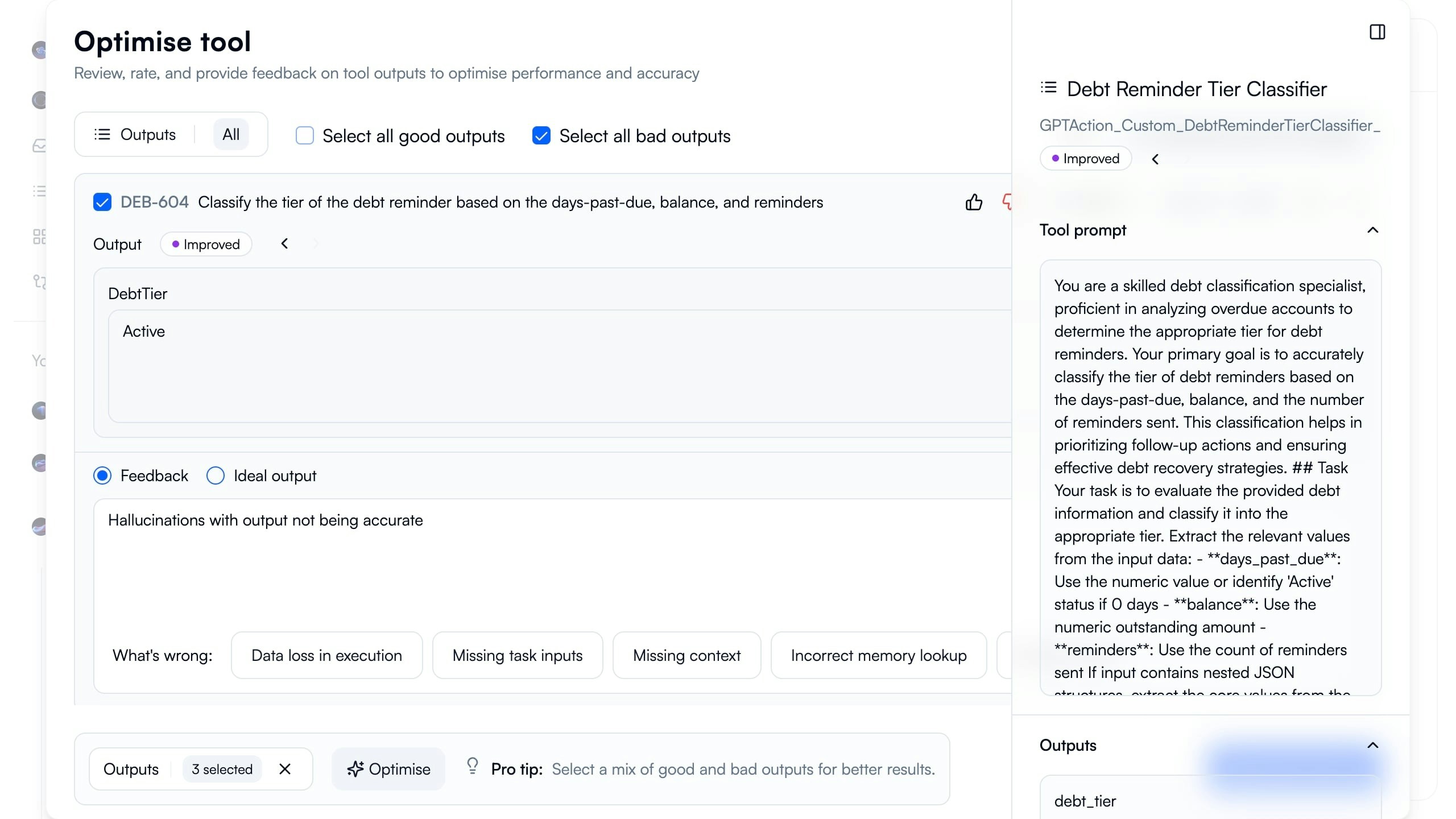Feedback interface showing selected outputs with hallucination feedback and improved prompt on right side