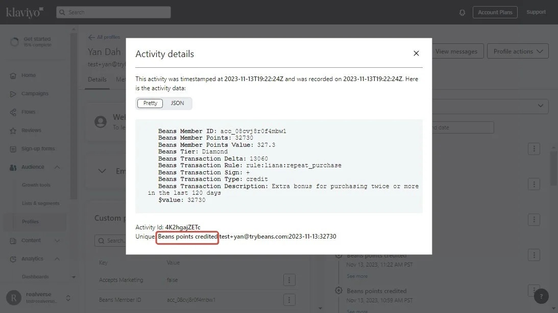 Klaviyo dashboard - View Beans event Klaviyo dashboard - View Beans event