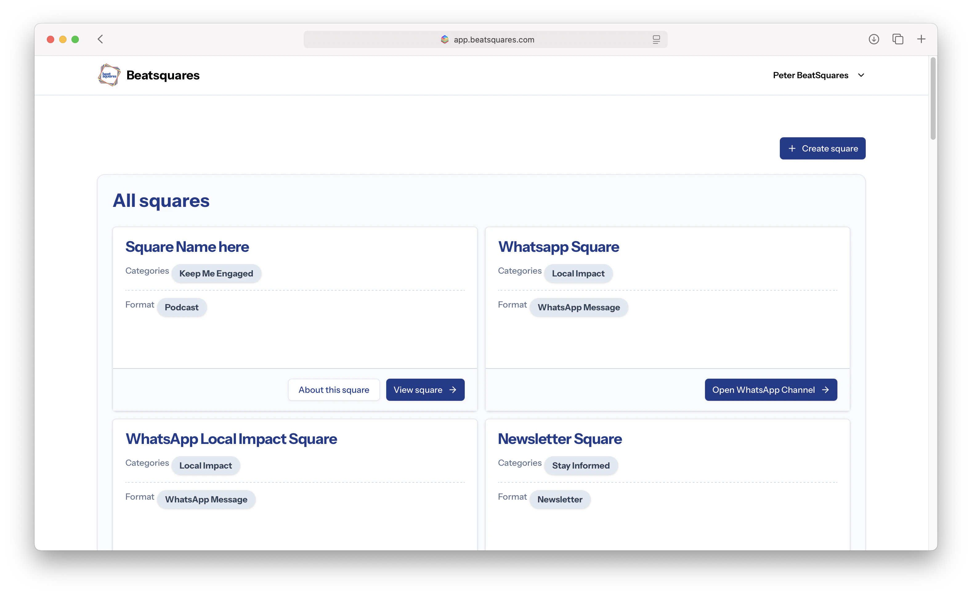 BeatSquares dashboard