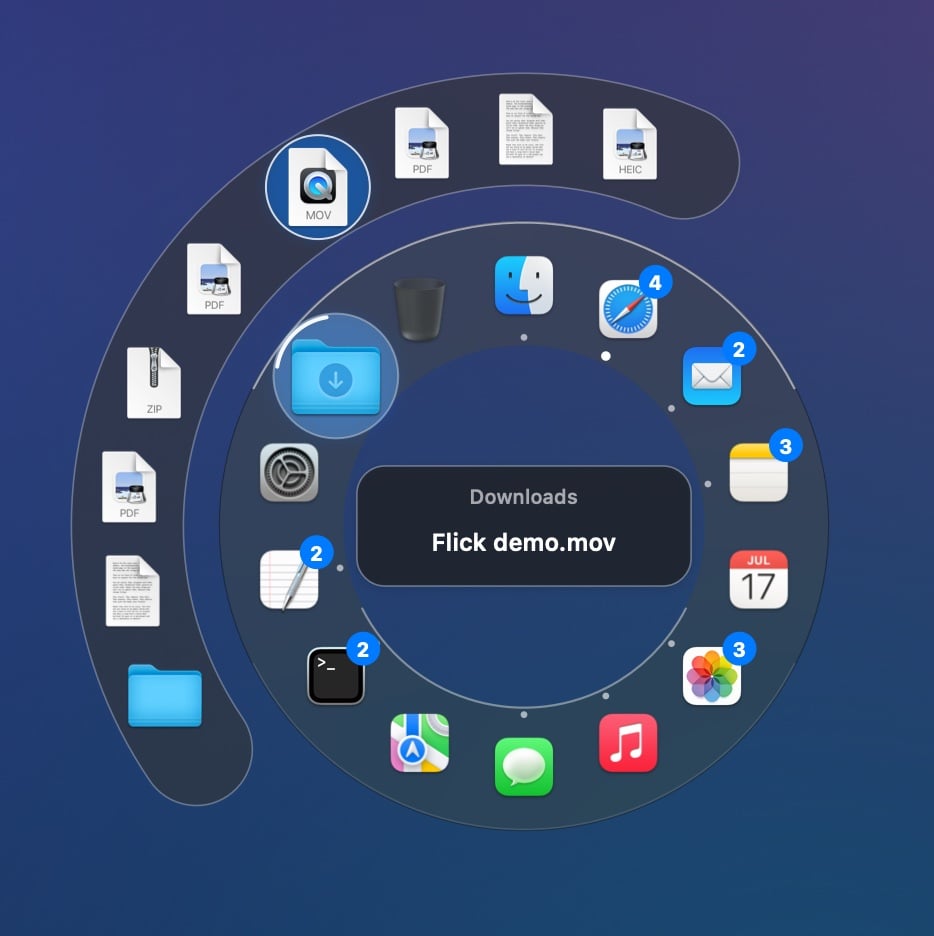 The Downloads folder's newest files fanned out beyond the ring