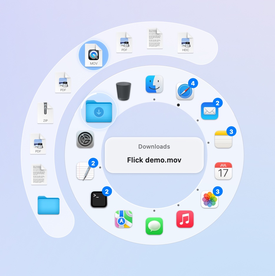 The Downloads folder's newest files fanned out beyond the ring