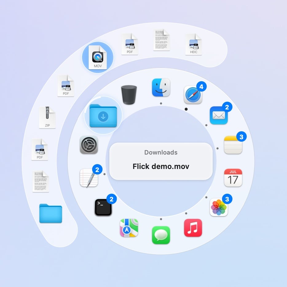 The Downloads folder's newest files fanned out beyond the ring