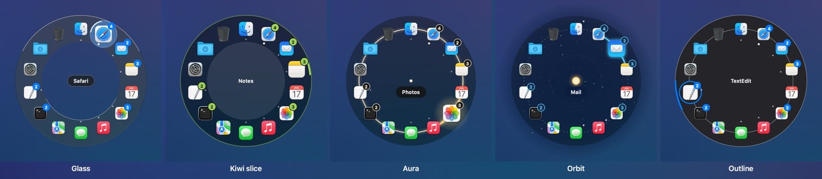 The five looks side by side: Glass, Kiwi slice, Aura, Orbit and Outline