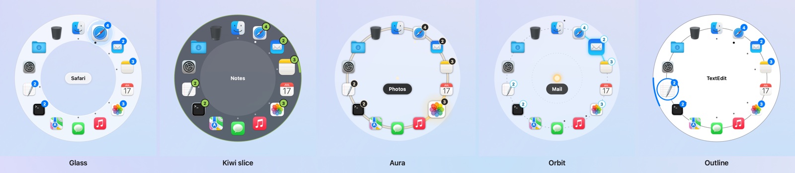 The five looks side by side: Glass, Kiwi slice, Aura, Orbit and Outline