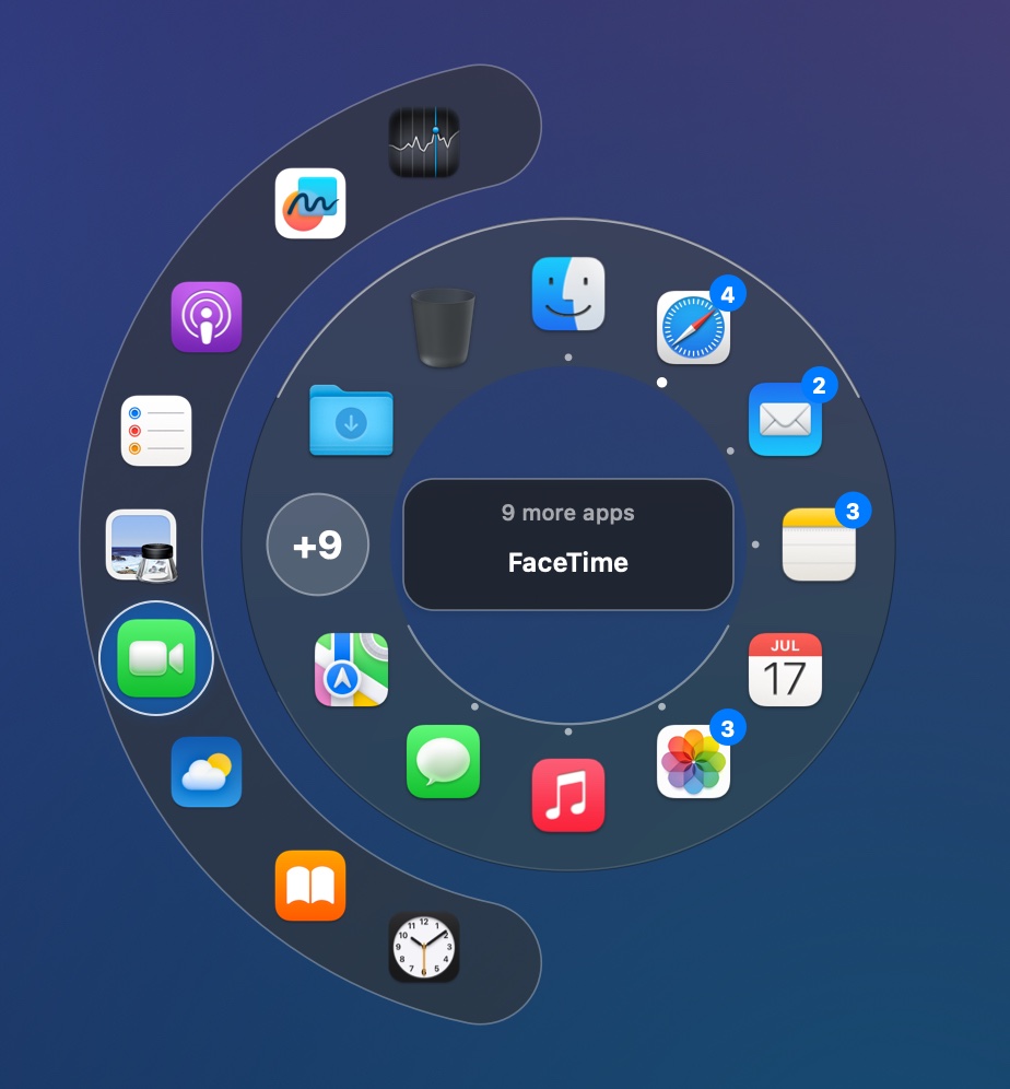The +n slot with the apps that didn't fit fanned out beyond the ring