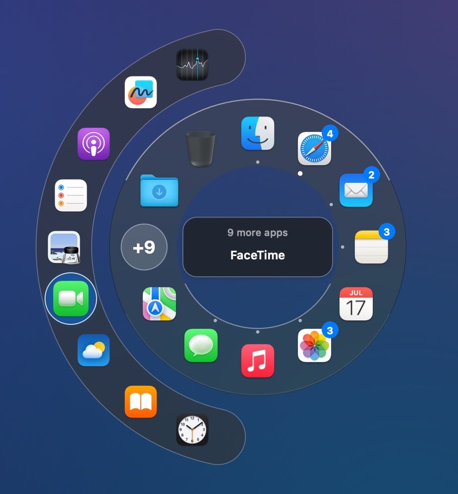 The +n slot with the apps that didn't fit fanned out beyond the ring