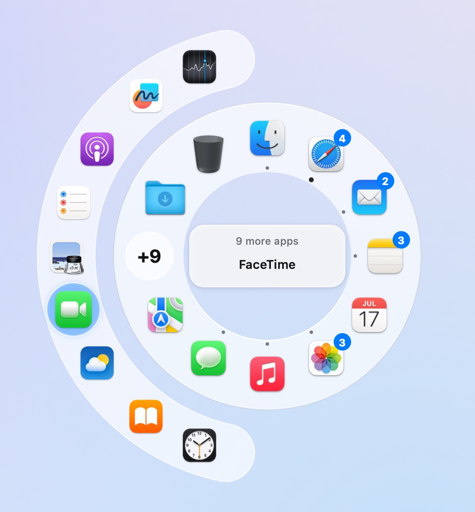 The +n slot with the apps that didn't fit fanned out beyond the ring