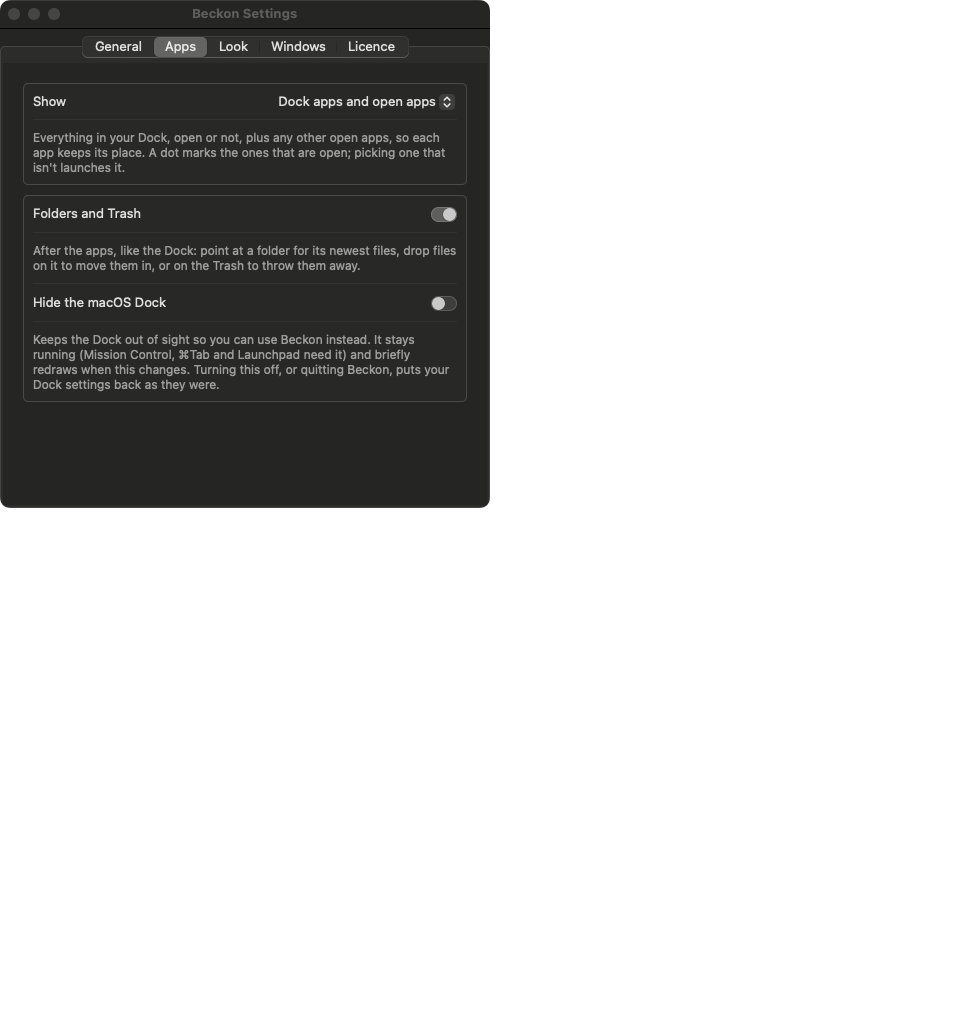 Settings, Apps tab