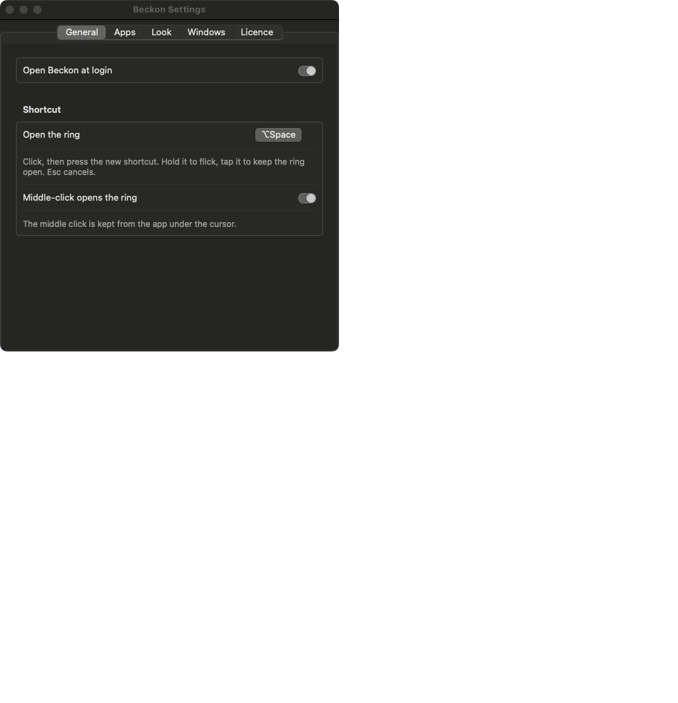 Beckon Settings, General tab