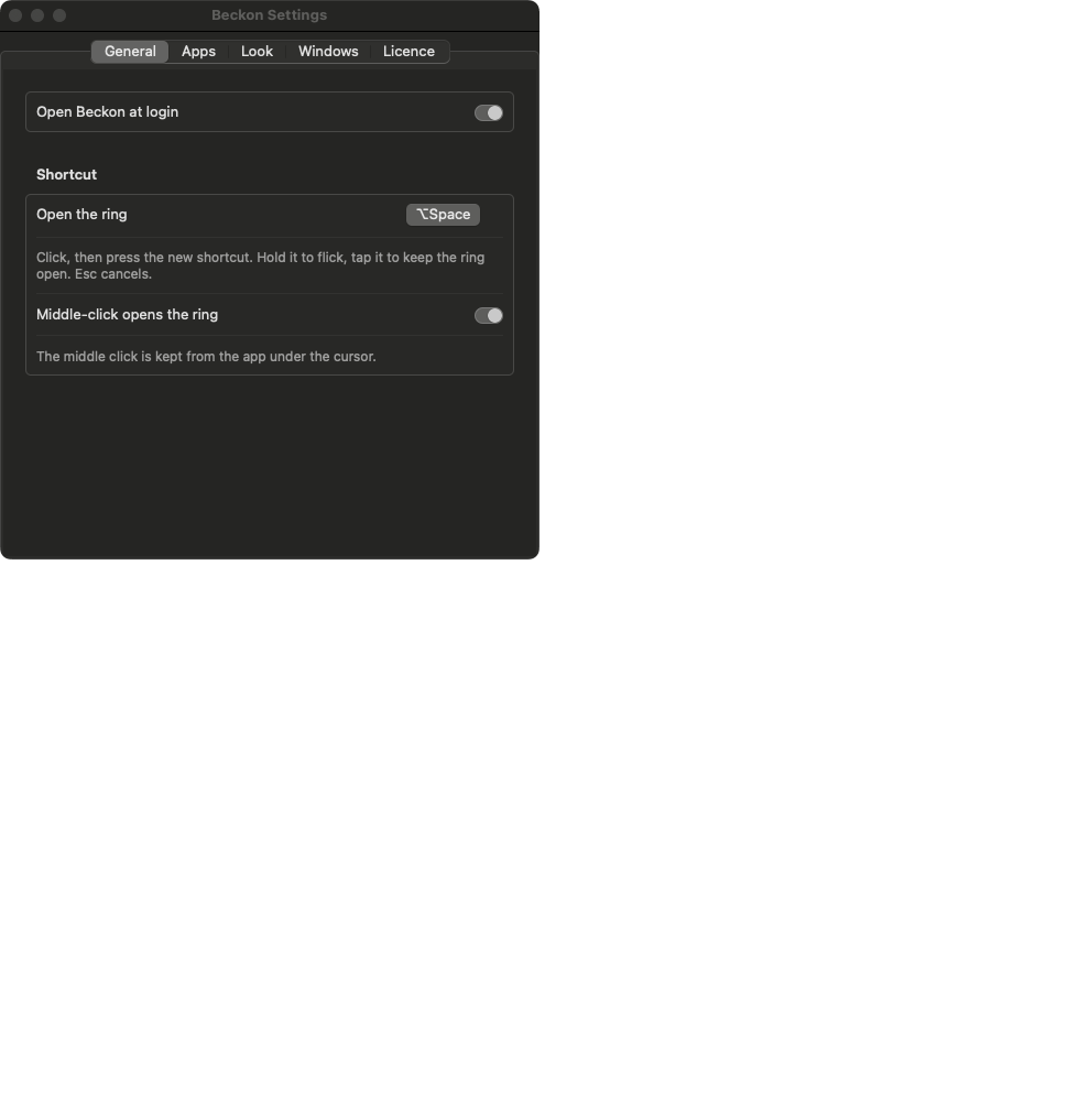Beckon Settings, General tab