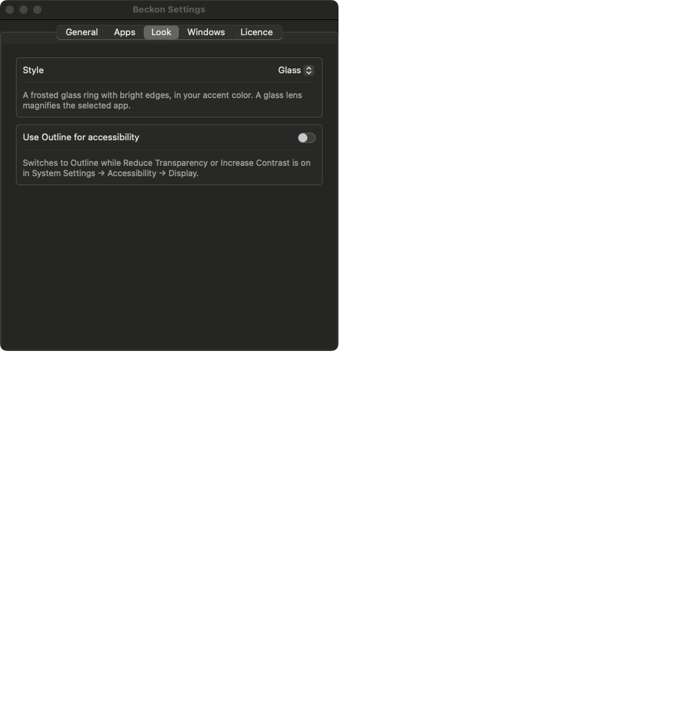 Beckon Settings, Look tab