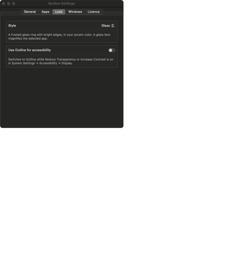 Beckon Settings, Look tab
