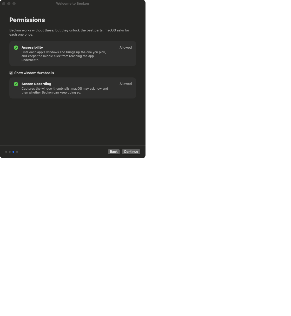 The welcome guide's Permissions step, with Accessibility and Screen Recording allowed