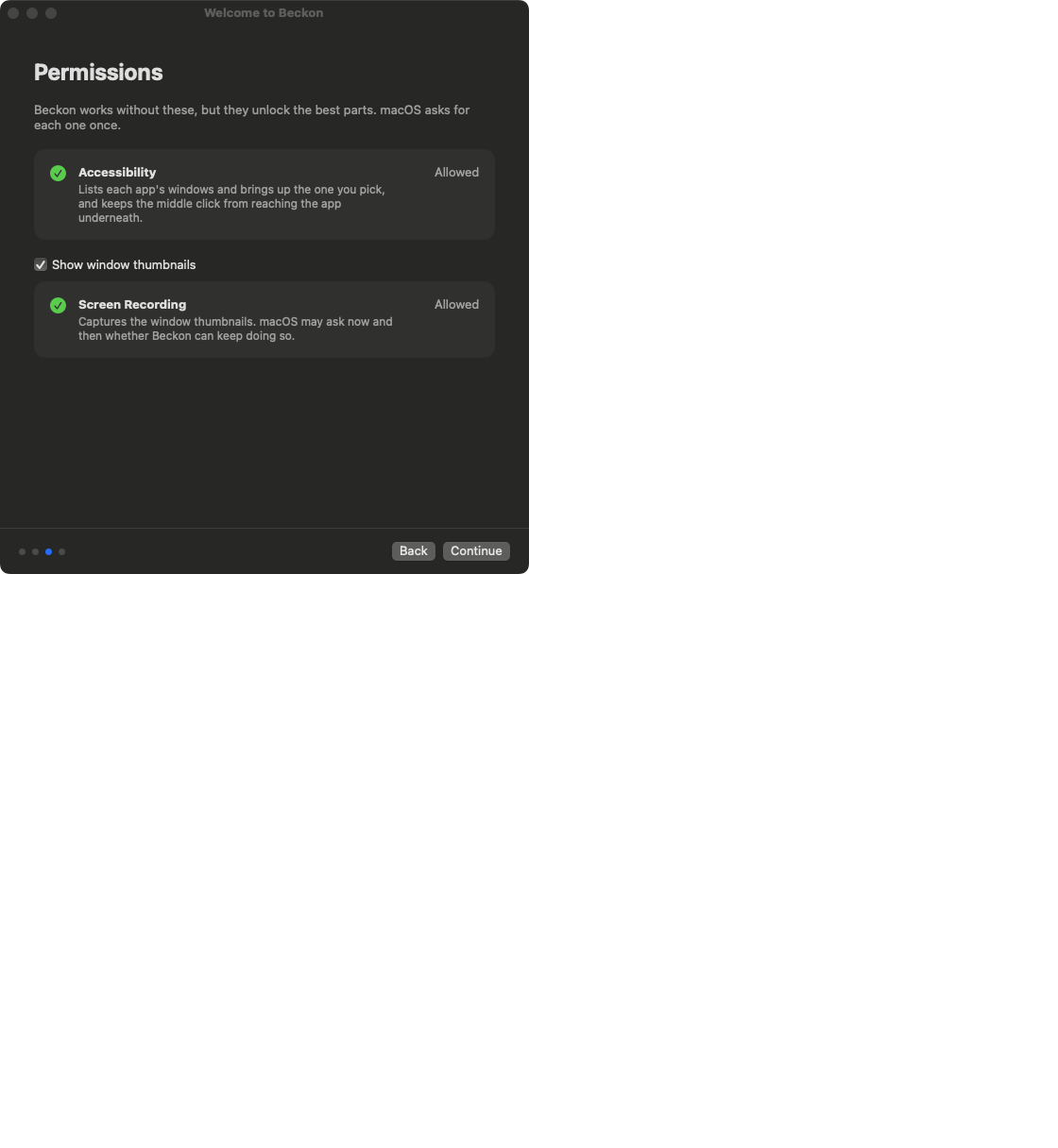 The welcome guide's Permissions step, with Accessibility and Screen Recording allowed