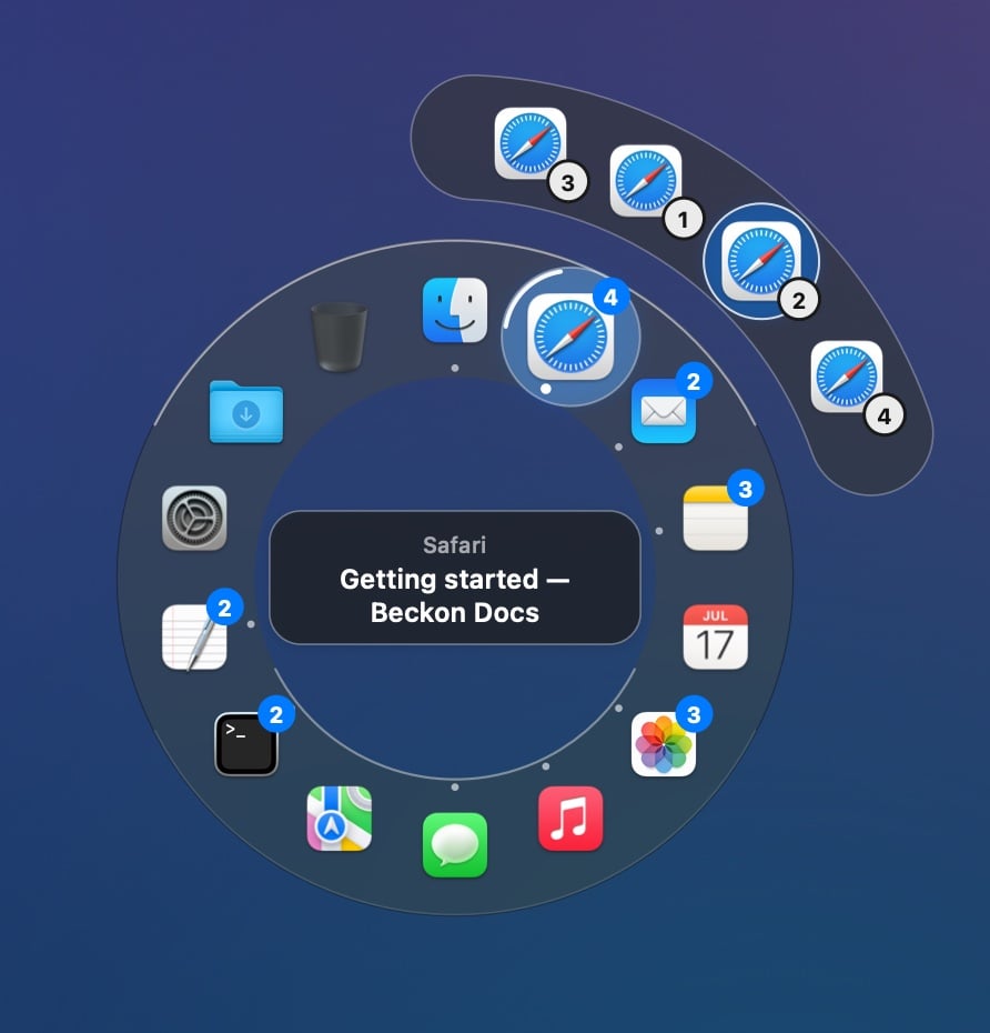 Safari's windows on the outer arc as numbered icons, without thumbnails
