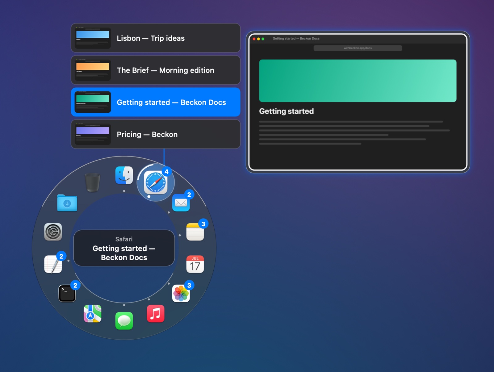 Safari's windows as a column of titles, with a large preview of the hovered one