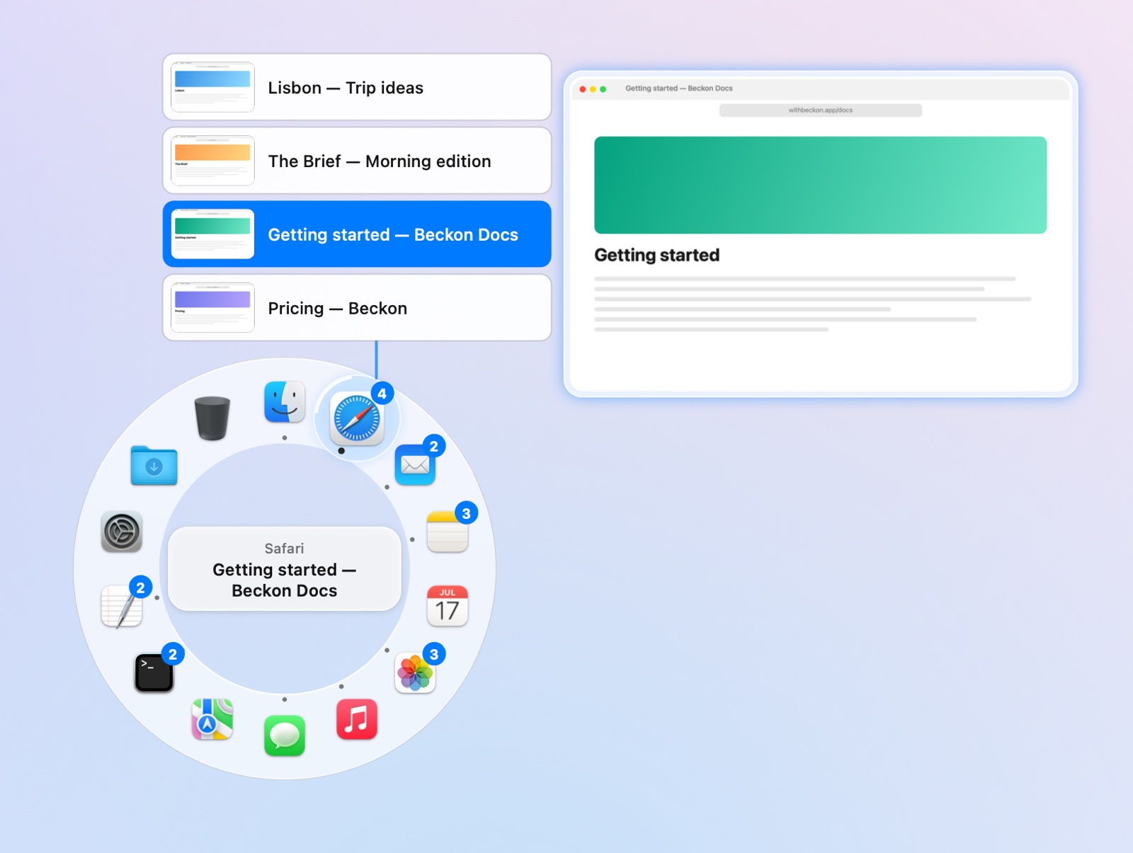 Safari's windows as a column of titles, with a large preview of the hovered one