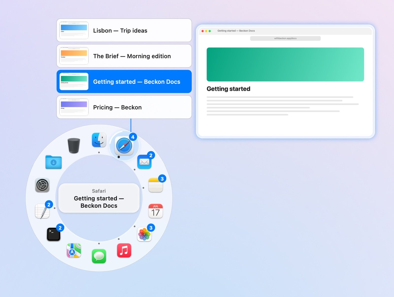 Safari's windows as a column of titles, with a large preview of the hovered one