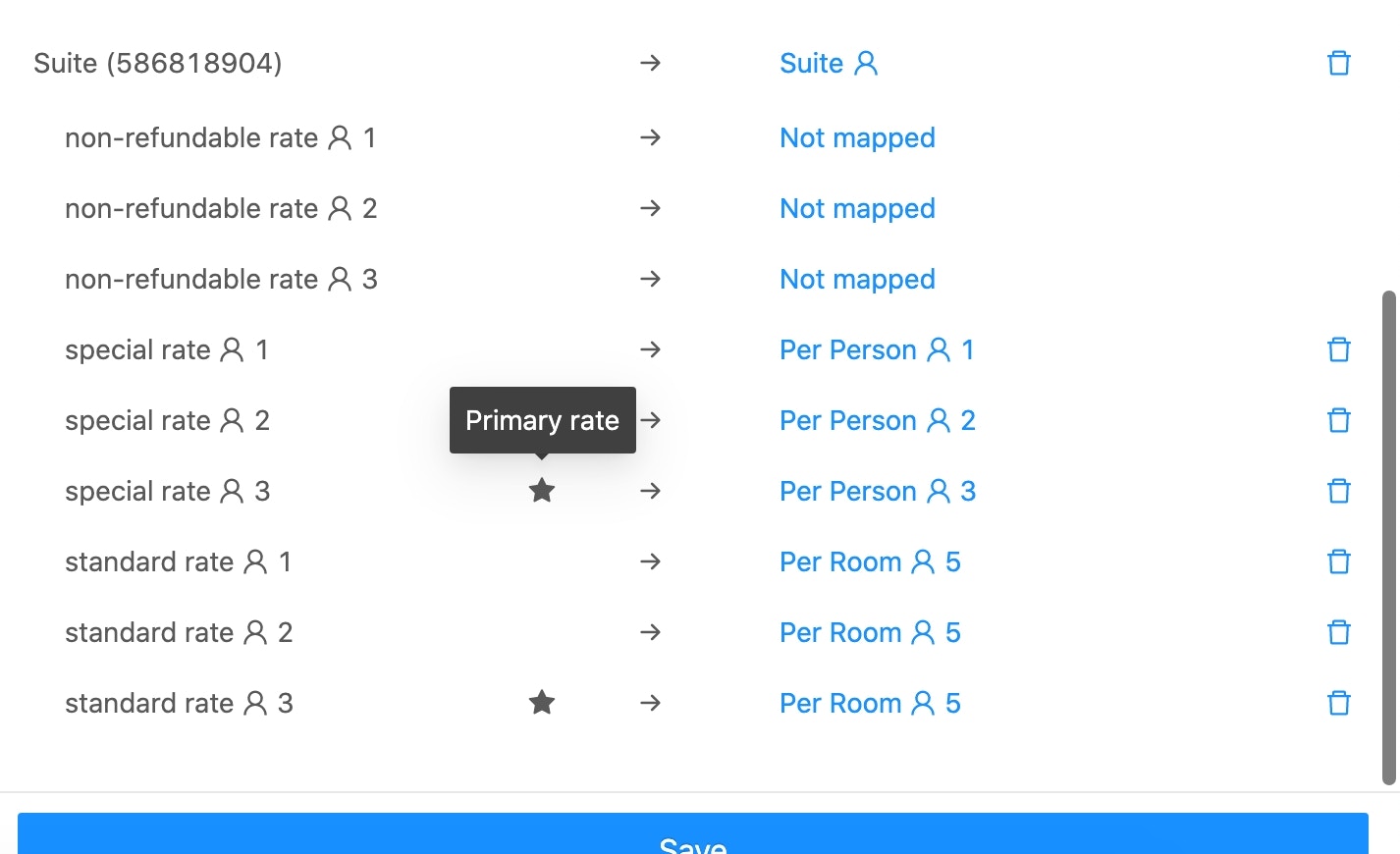 Bedmerge mapping interface showing rooms and rates