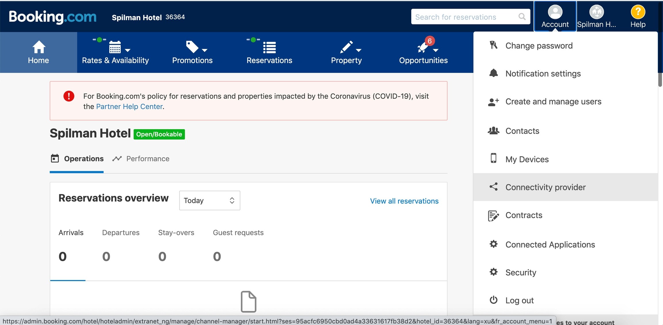 Booking.com extranet navigation showing property code and Account menu
