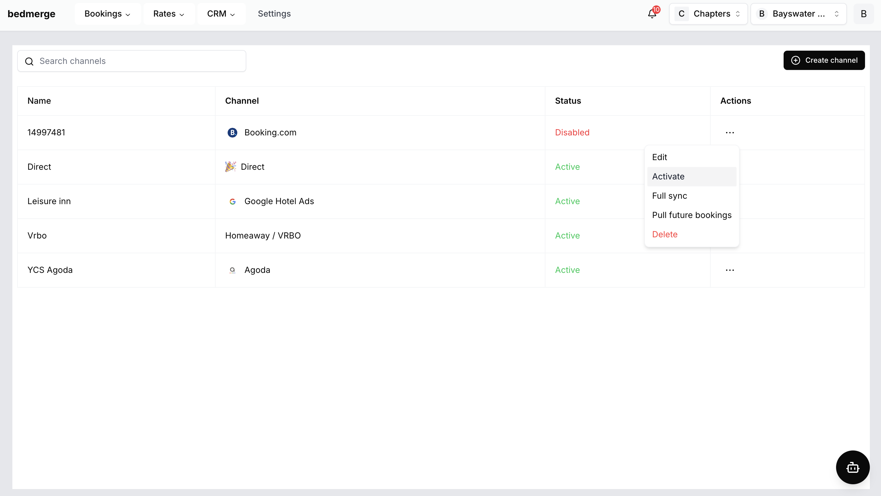 Bedmerge channel actions menu with Activate option