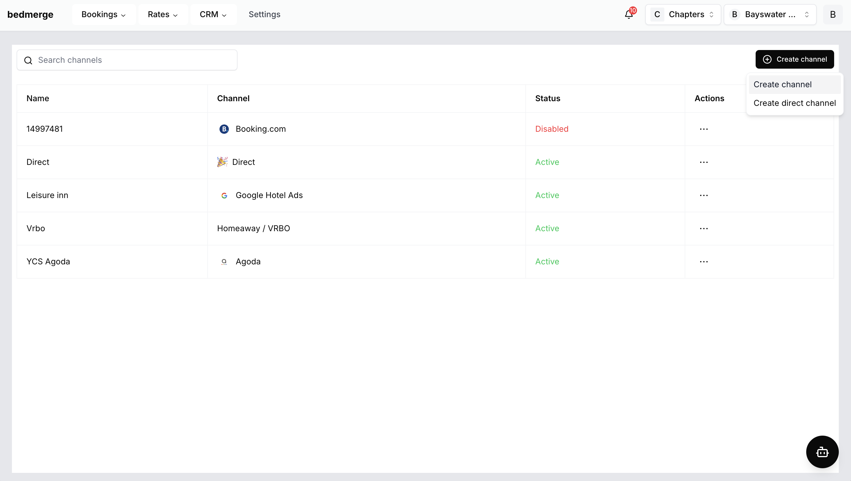 Bedmerge channels page with Create button