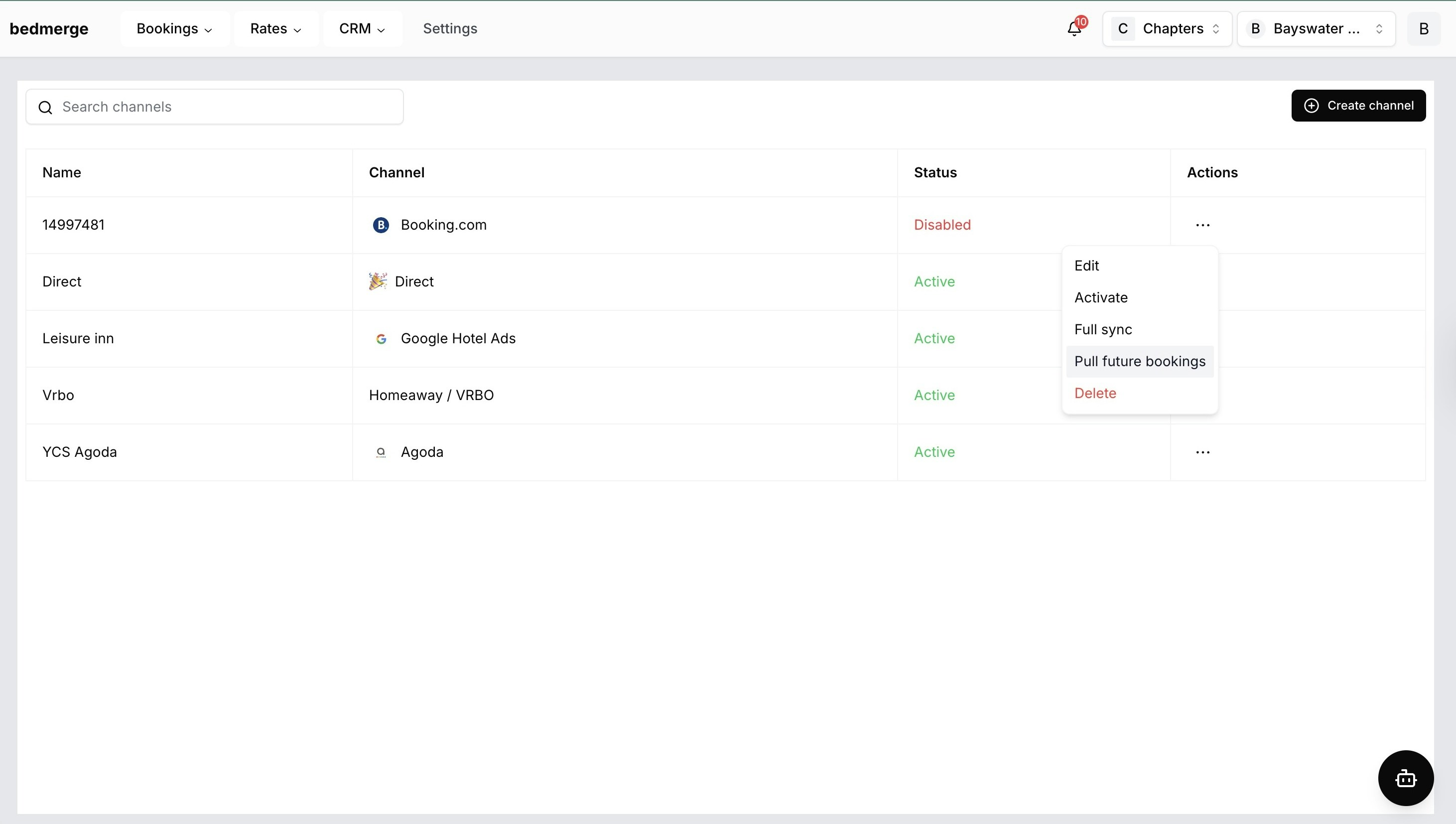 Bedmerge actions menu with Pull future bookings option