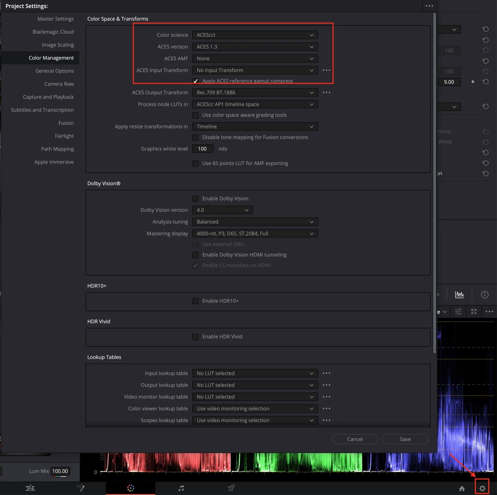 Project Settings → Color Management ACES setup in DaVinci Resolve