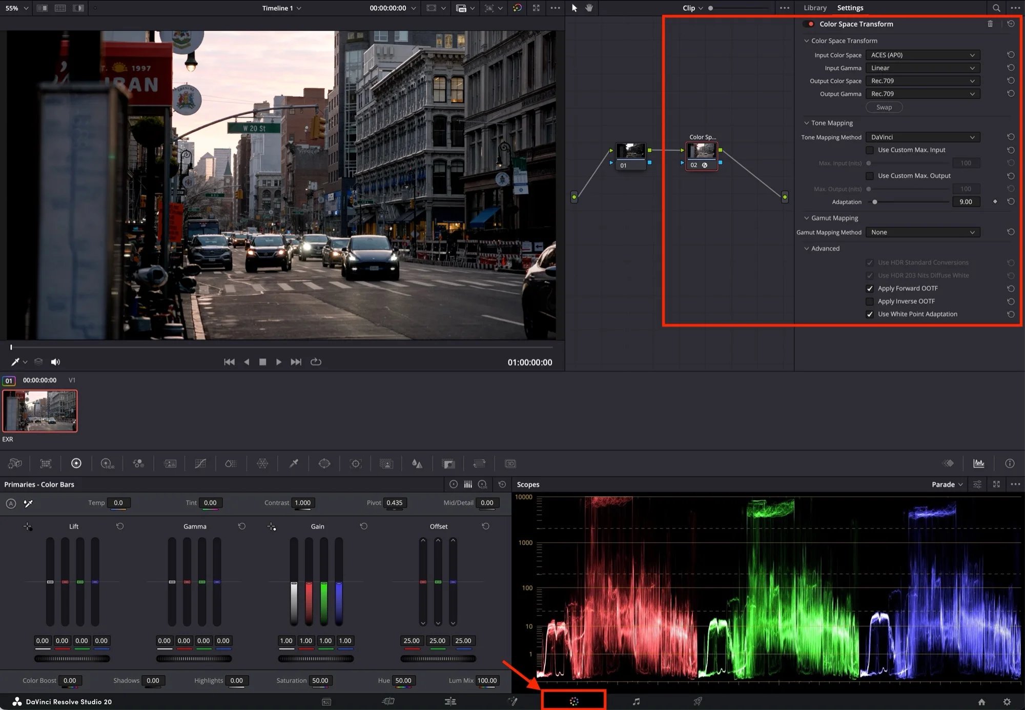Color Space Transform node in DaVinci Resolve