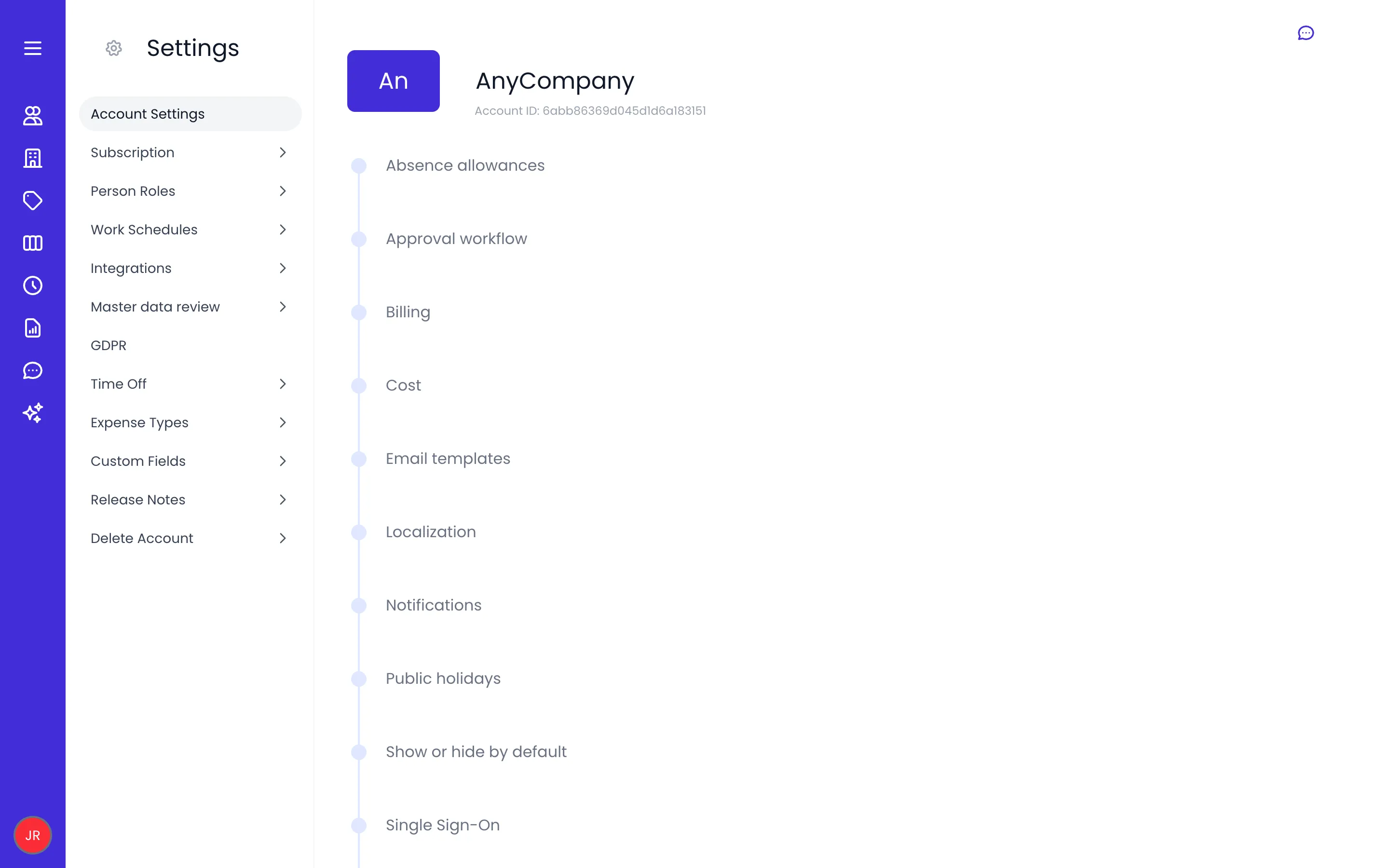 Beebole Account Settings page showing the AnyCompany name and logo header, the list of settings panels from Absence allowances to Single Sign-On, and the Settings menu with Subscription, Person Roles, Integrations and the other screens