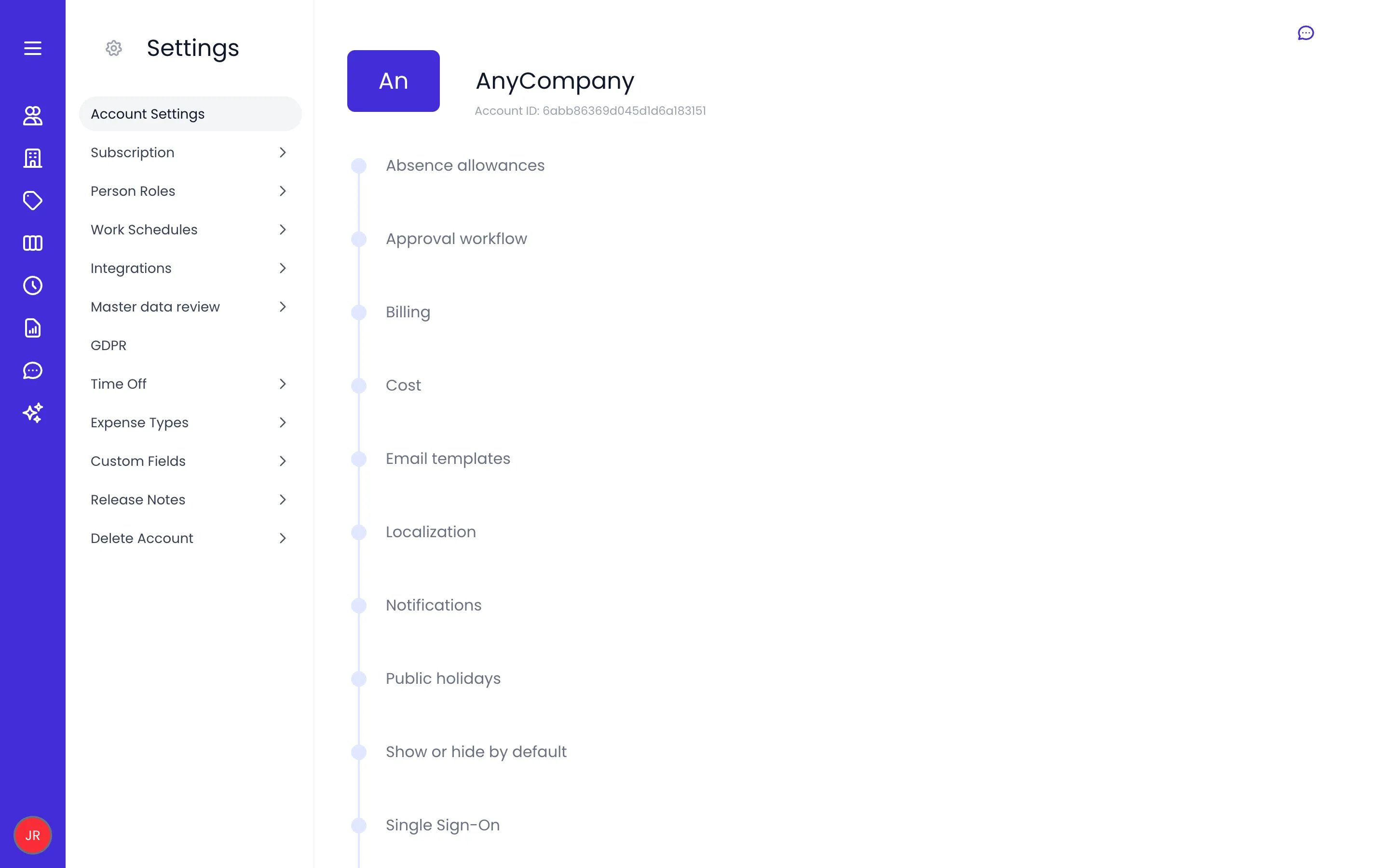 Beebole Account Settings page showing the AnyCompany name and logo header, the list of settings panels from Absence allowances to Single Sign-On, and the Settings menu with Subscription, Person Roles, Integrations and the other screens