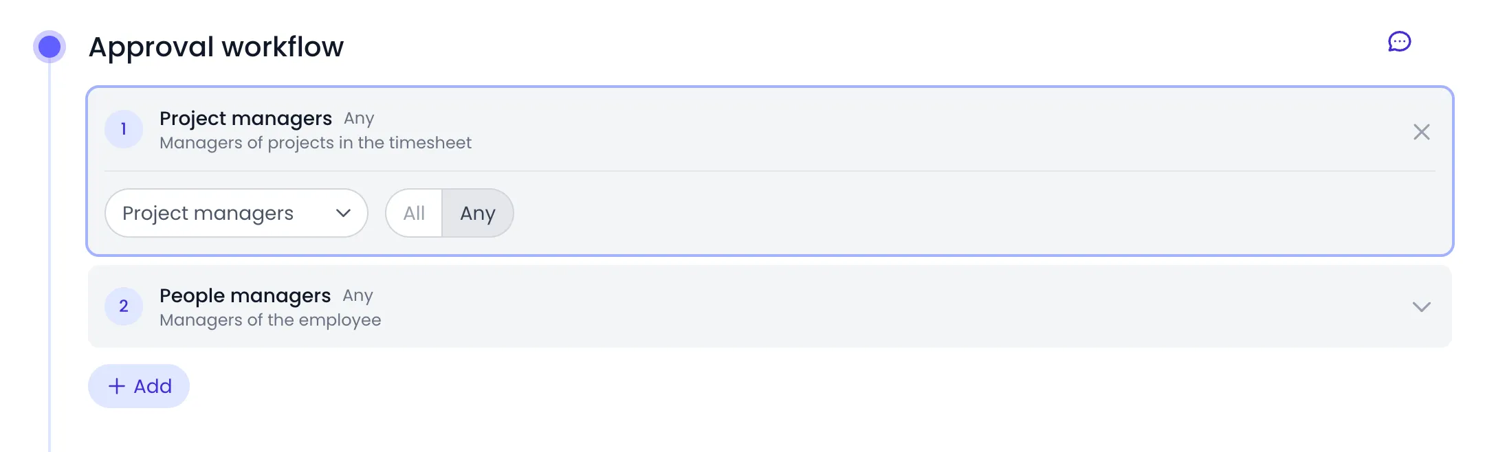 Beebole Approval workflow panel with stage 1 Project managers, Any, opened to show its type selector and the All and Any quorum switch, stage 2 People managers, Any, and the Add button