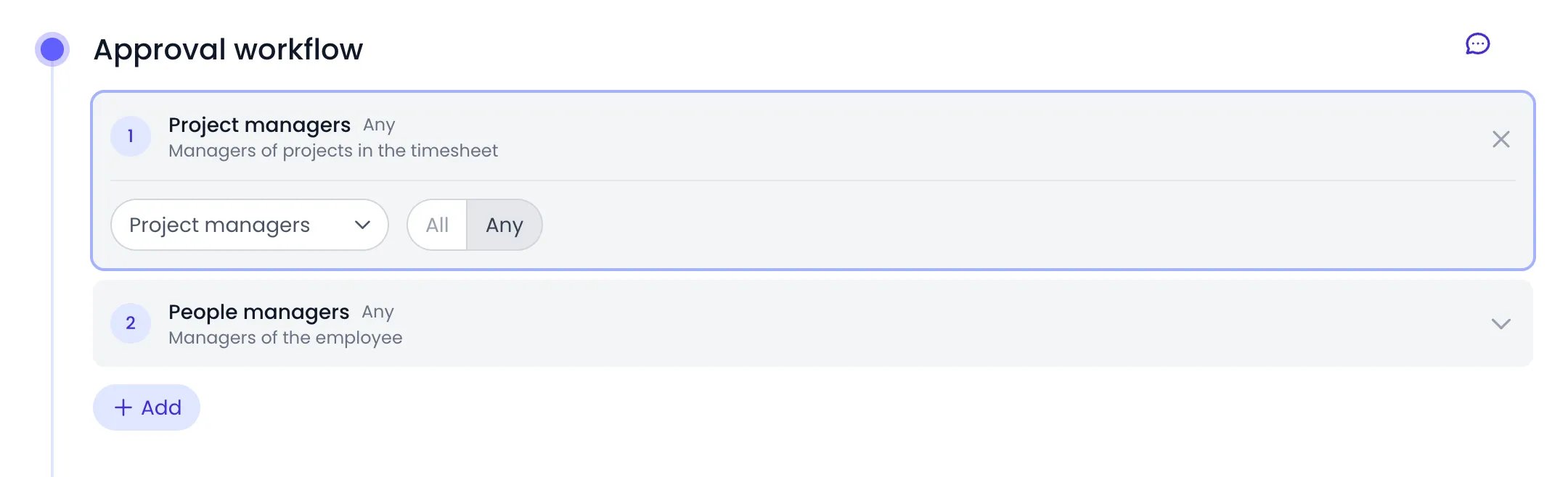 Beebole Approval workflow panel with stage 1 Project managers, Any, opened to show its type selector and the All and Any quorum switch, stage 2 People managers, Any, and the Add button