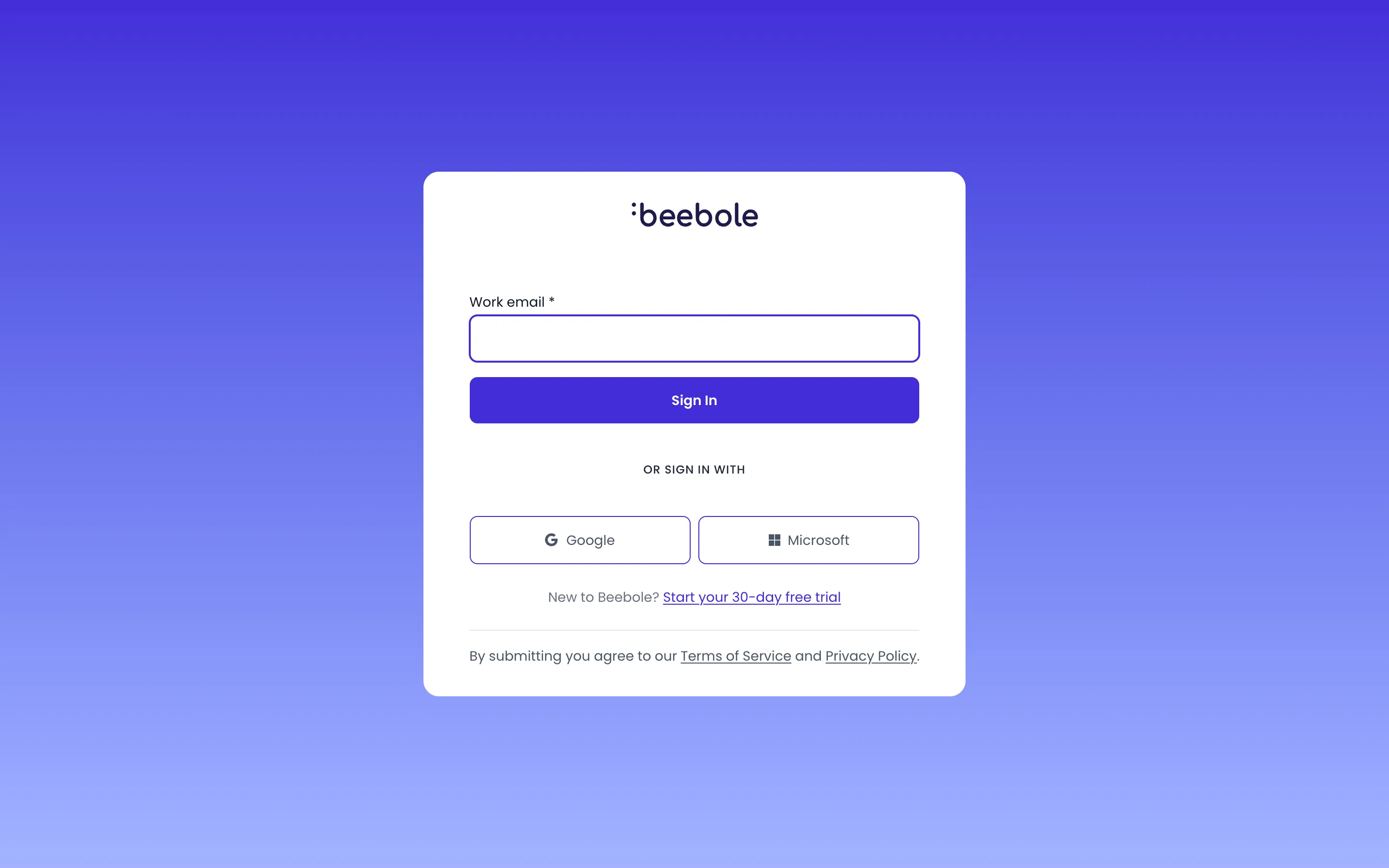Beebole sign-in page with the Work email field, the Sign In button, and the Google and Microsoft buttons under Or sign in with