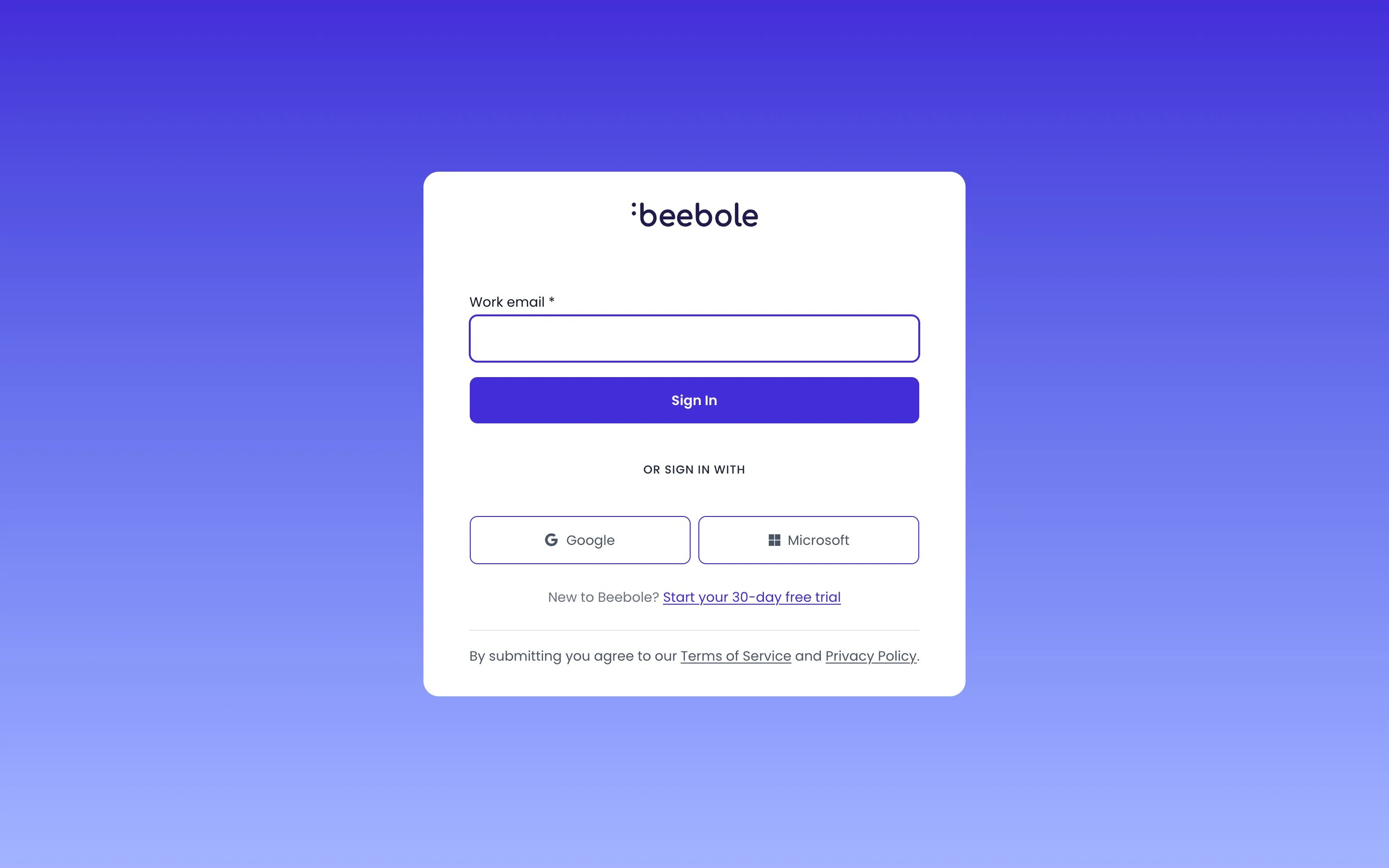 Beebole sign-in page with the Work email field, the Sign In button, and the Google and Microsoft buttons under Or sign in with