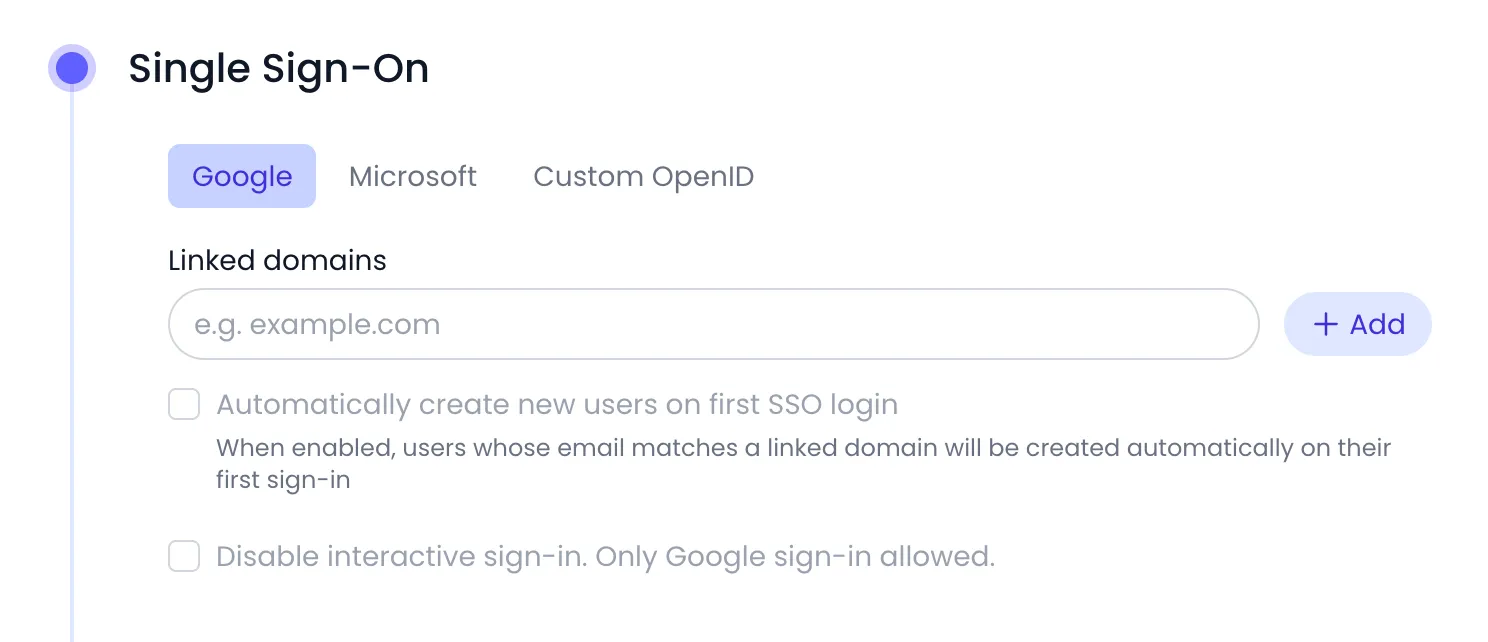Beebole Single Sign-On panel with the Google, Microsoft and Custom OpenID tabs, the Linked domains field with its Add button, and the options to create new users on first SSO login and to allow only Google sign-in