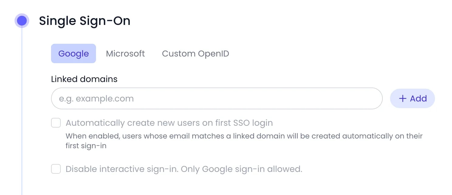 Beebole Single Sign-On panel with the Google, Microsoft and Custom OpenID tabs, the Linked domains field with its Add button, and the options to create new users on first SSO login and to allow only Google sign-in