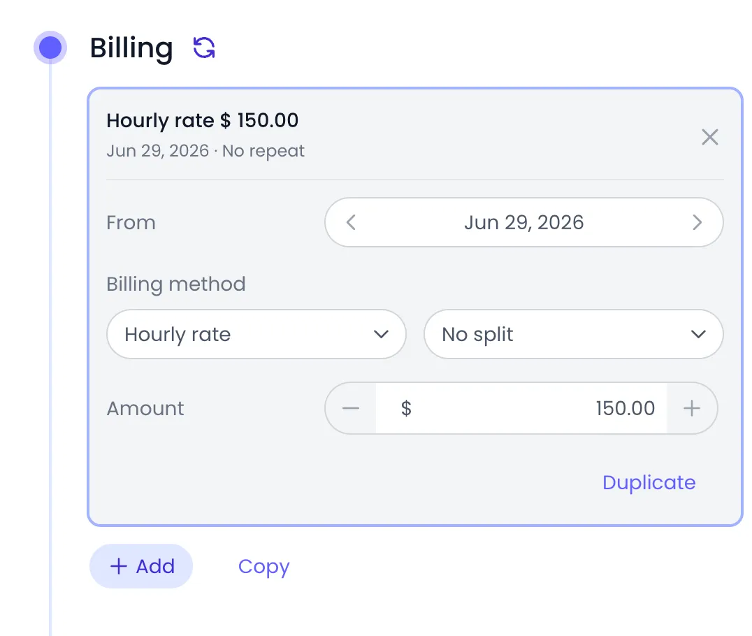Beebole Billing panel of the Acme Corp project with an hourly rate card open, showing the From date, the Billing method set to Hourly rate with No split, and the Amount of $150.00