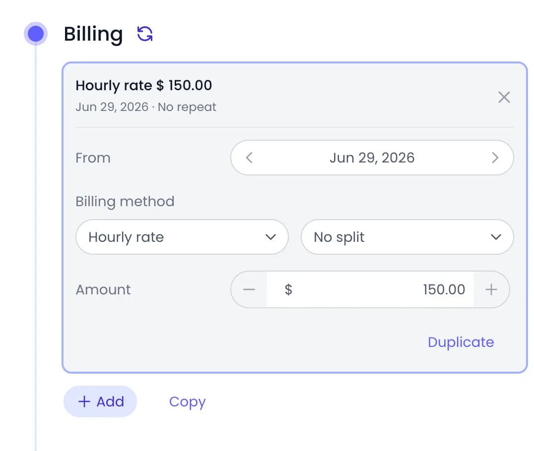 Beebole Billing panel of the Acme Corp project with an hourly rate card open, showing the From date, the Billing method set to Hourly rate with No split, and the Amount of $150.00