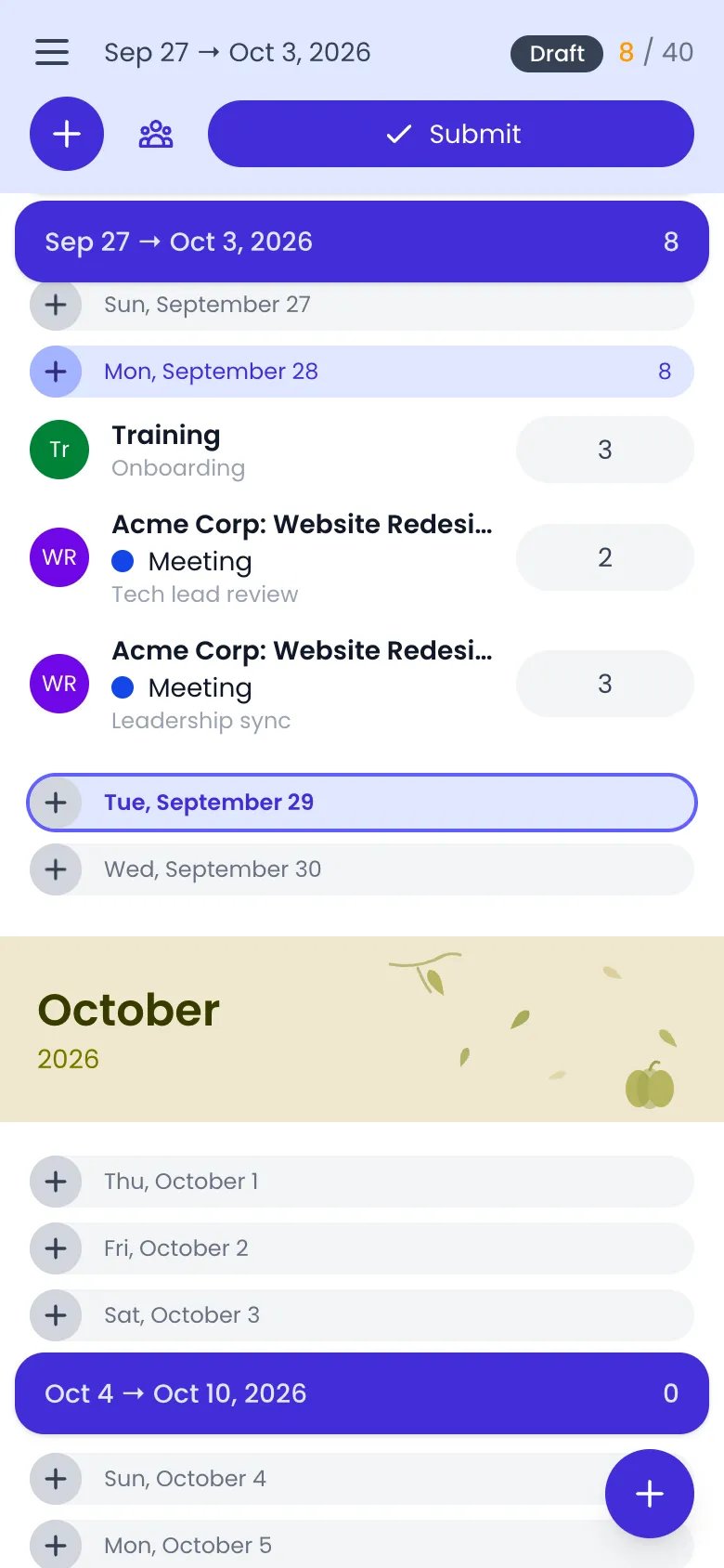Beebole timesheet on a phone showing the current week as a list of days, Monday with three time entries, today highlighted, the Submit button at the top and the floating + button at the bottom right